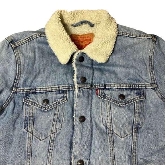Levis Denim Jacket Mens M Blue Sherpa Lined Trucker Red Tab Western Light Wash - Picture 4 of 13
